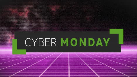 animation of cyber monday text in rectangle over illuminated grid pattern against space