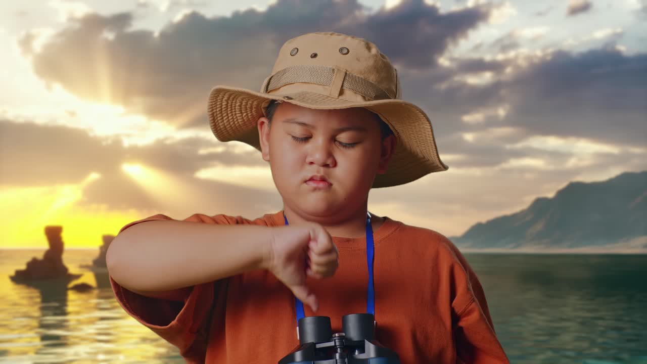 Asiatischer Junge mit Hut zeigt Daumen nach unten, nachdem er durch das Fernglas geschaut hat. Junge Forscher untersucht etwas am Strand, Reiseabenteuer-Konzept, Nahaufnahme
