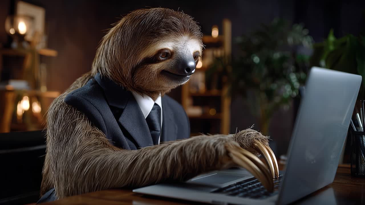 Dovendyr i dress skriver på laptop med konsentrert uttrykk. Skrivebord og laptop gløder mykt i et dempet, koselig rom. Bakgrunnen har varm belysning og grønne planter.