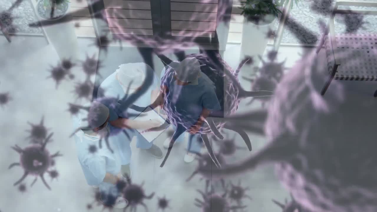 코로나바이러스 코로나19의 확산 애니메이션, 배경에는 의료진이 있습니다.