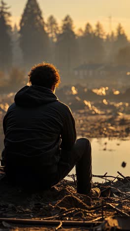 reflection on loss at sunset by a devastated riverbank