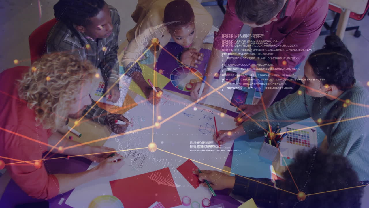 In school, children collaborating on colorful animation project with digital network overlay