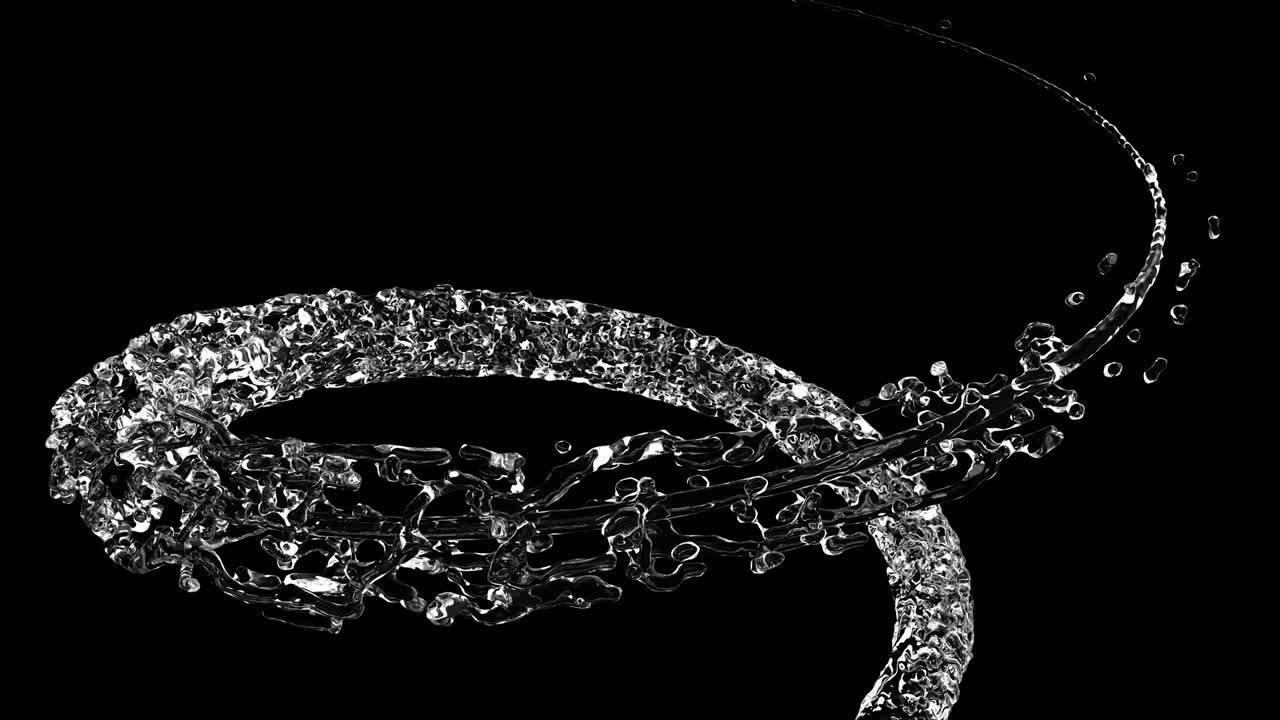 물 스플래시 서클은 검은 바탕에 반사와 회전 흐름을 가진 액체 루핑입니다.