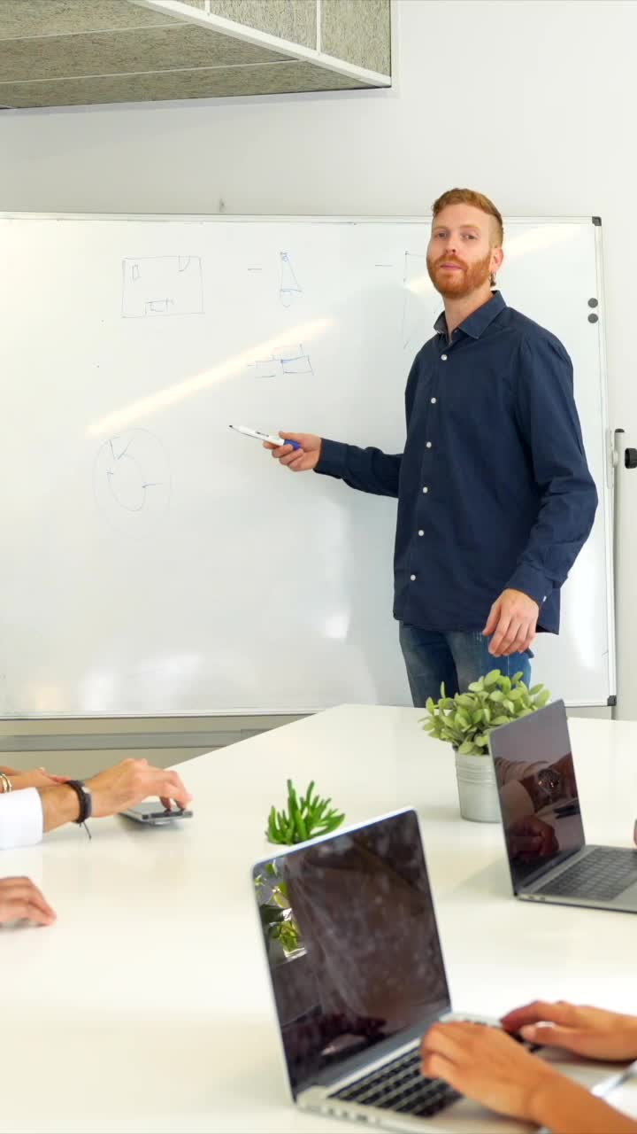Business meeting with presentation on whiteboard