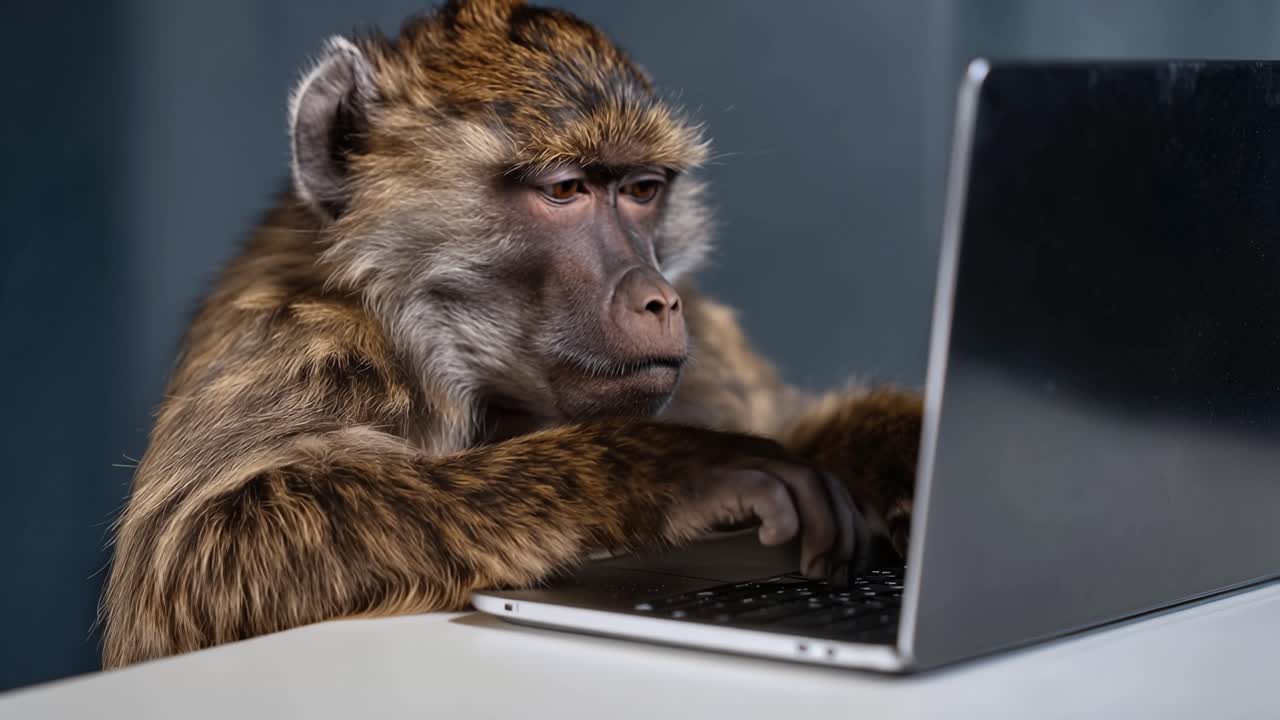 Macaco peludo sentado em uma mesa, focado. Ele digita em um laptop, mãos ativas. Fundo escuro realça a criatura. Expressão curiosa e determinada. Perfeito para humor tecnológico ou de escritório.