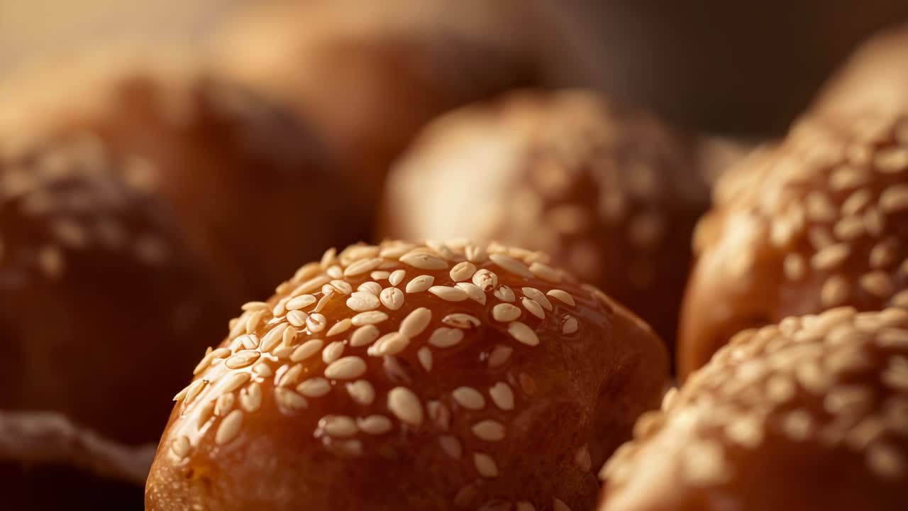 Revealing glossy front sesame roll staying centered on baking tray with warm lighting and seeds