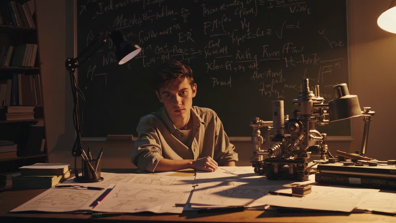 A young scientist intensely studies notes in a dimly lit lab. The side angle captures a vintage