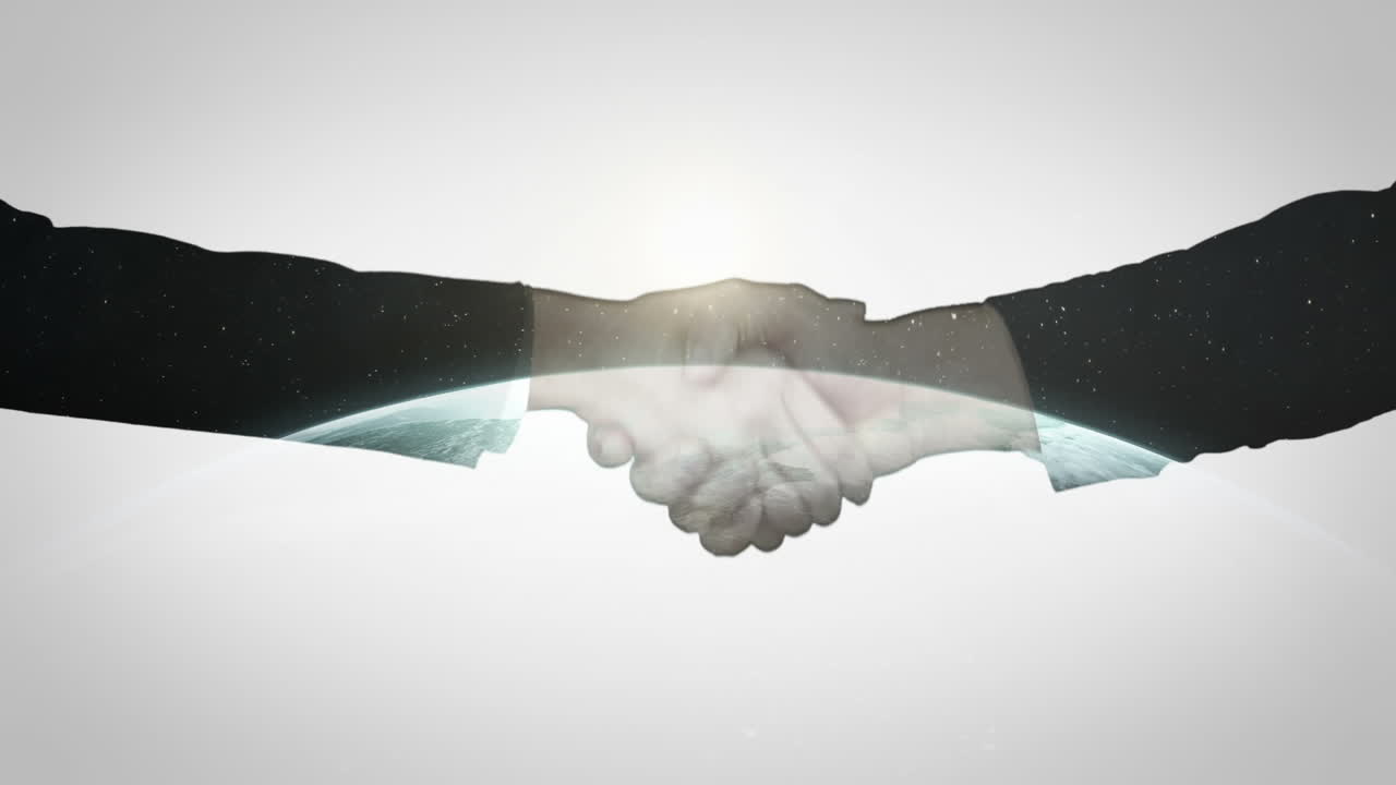 두 명의 사업가들이 지구 앞에서 손을 흔들고 있습니다.