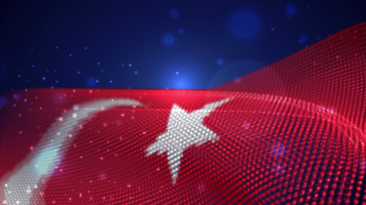 Türkiye dalgalanan bayrağı, mavi arka plan üzerinde parlak ışık hüzmeleriyle, hareket döngüsü