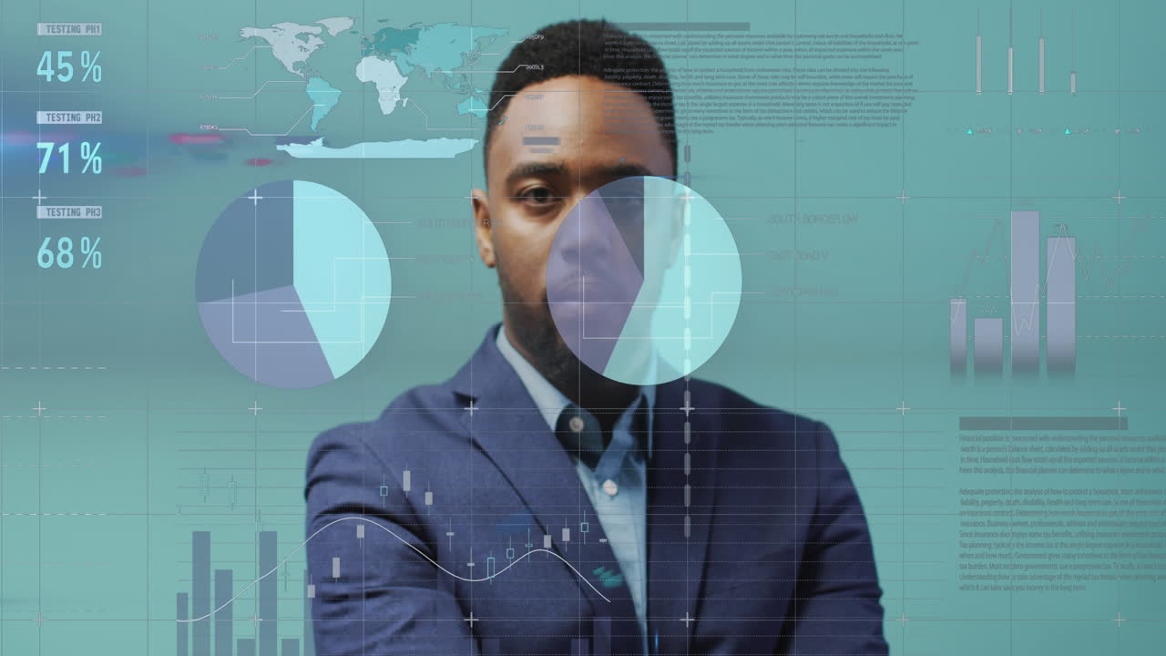 Animation of data processing over biracial businessman working in office