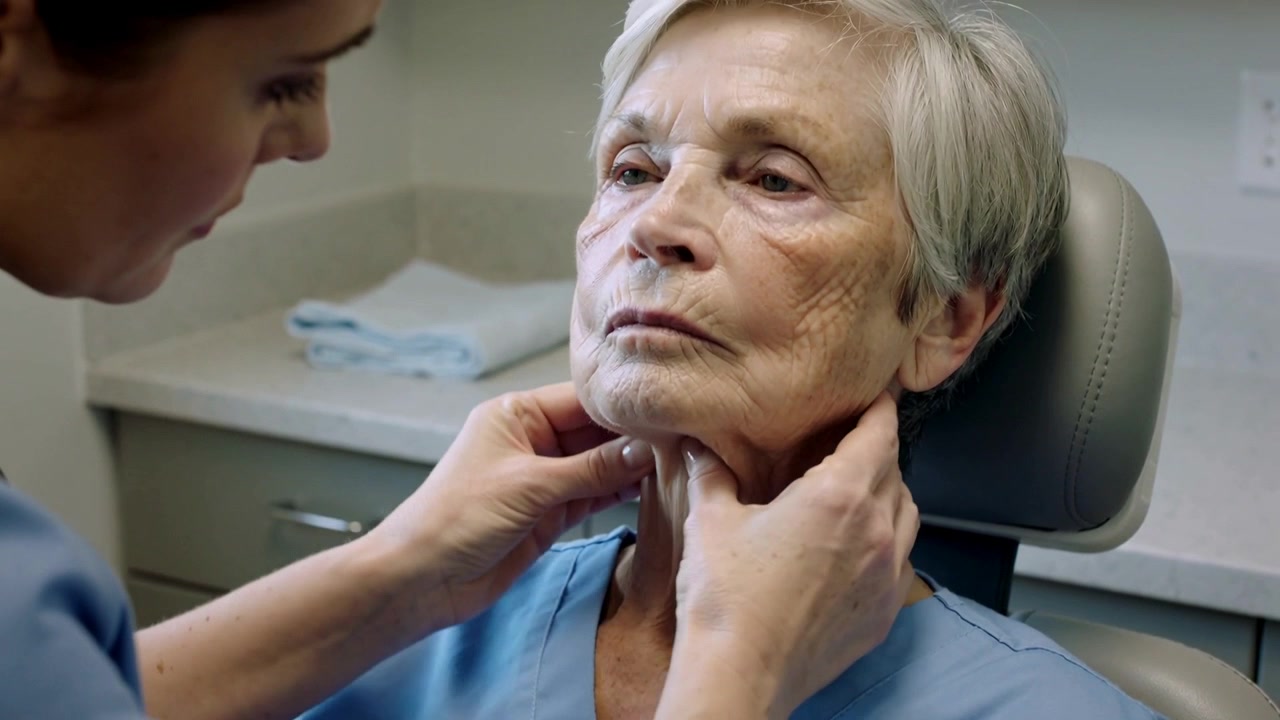 Clinico in divisa medica che palpa, chinandosi a sinistra, eseguendo un esame del collo su un anziano in camice blu usando le mani.