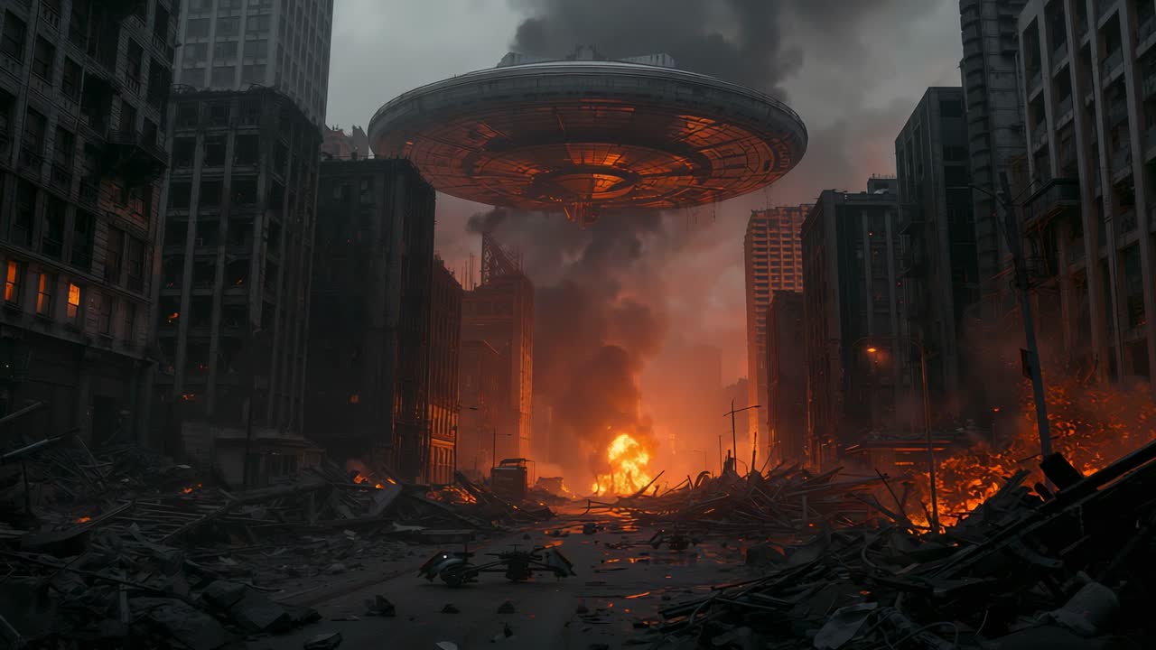 Hovering disc-shaped alien craft descending on city street, emitting energy beam scattering debris