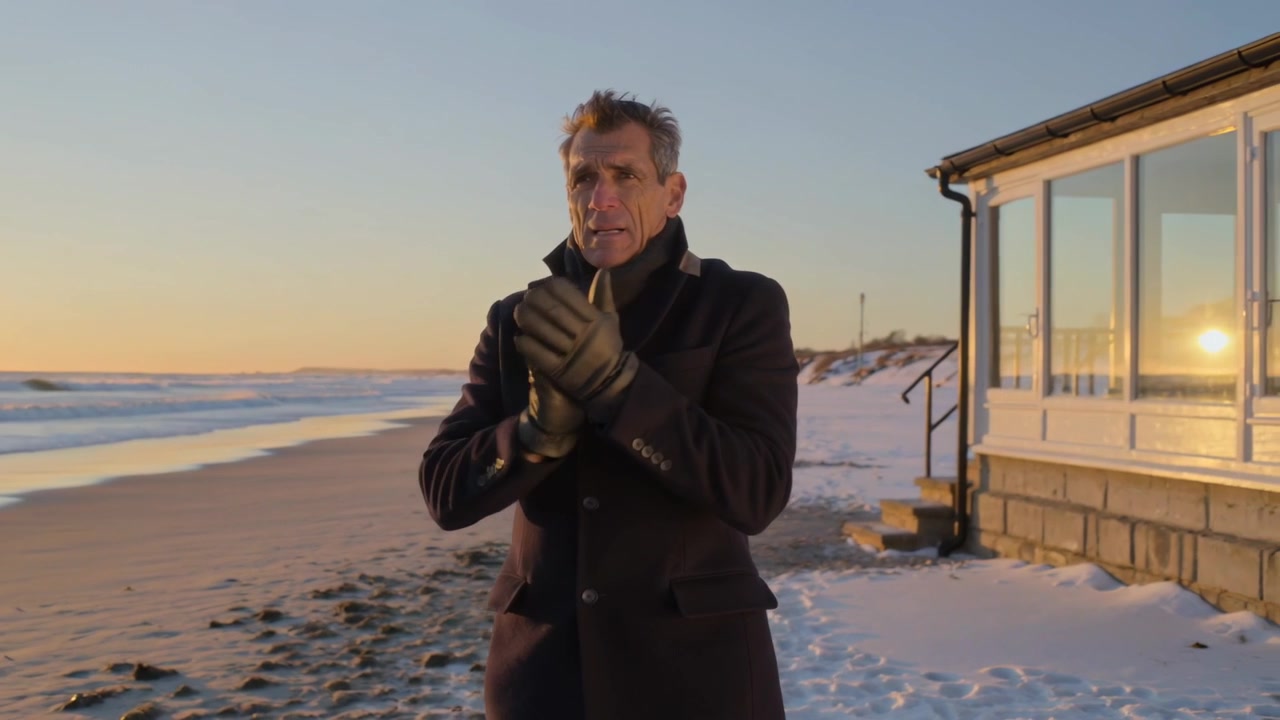 Ældre mand gnider og varmer handskeklædte hænder på sneklædt strand, mens lav sol oplyser strandhus.
