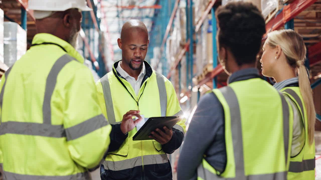 trabajadores reunidos en un almacén
