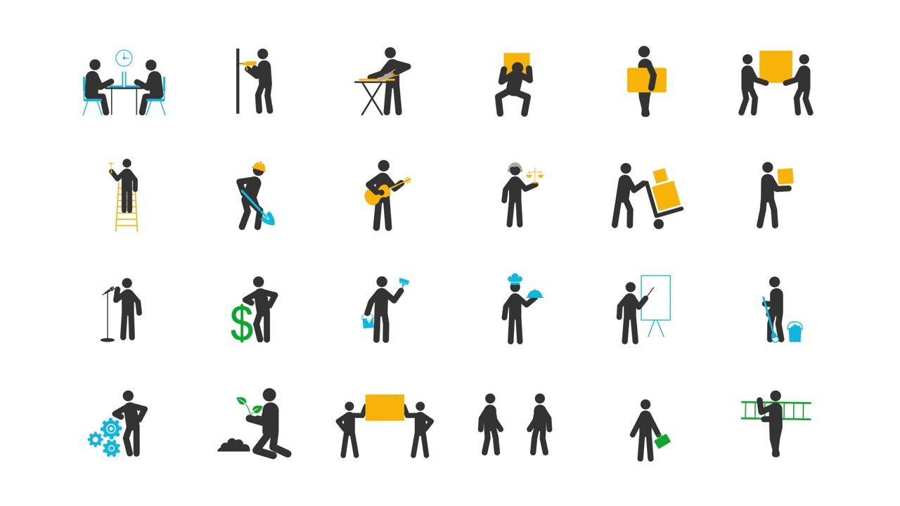 Animated Stick Figure Icons Representing Various Professions and Activities