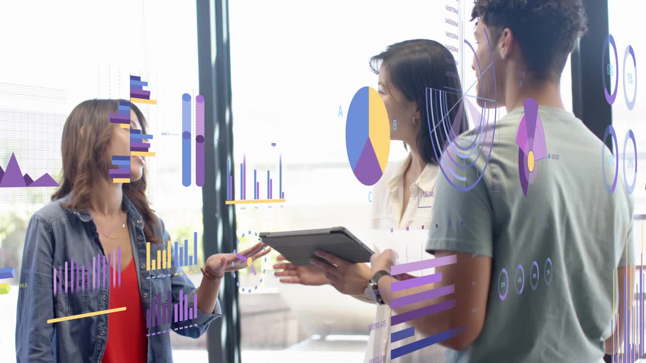 Seated woman starting meeting, team tapping tablet and pointing at animated glass charts for pitch