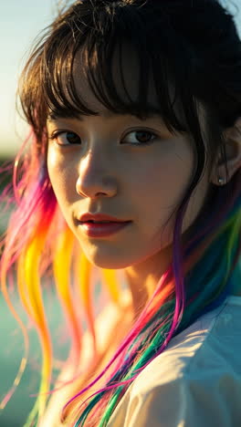 smiling woman with vibrant rainbow hair in sunlight
