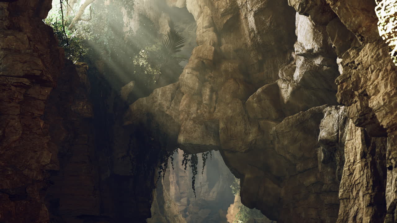 Exploring an ancient cave with sunlight filtering through lush vegetation
