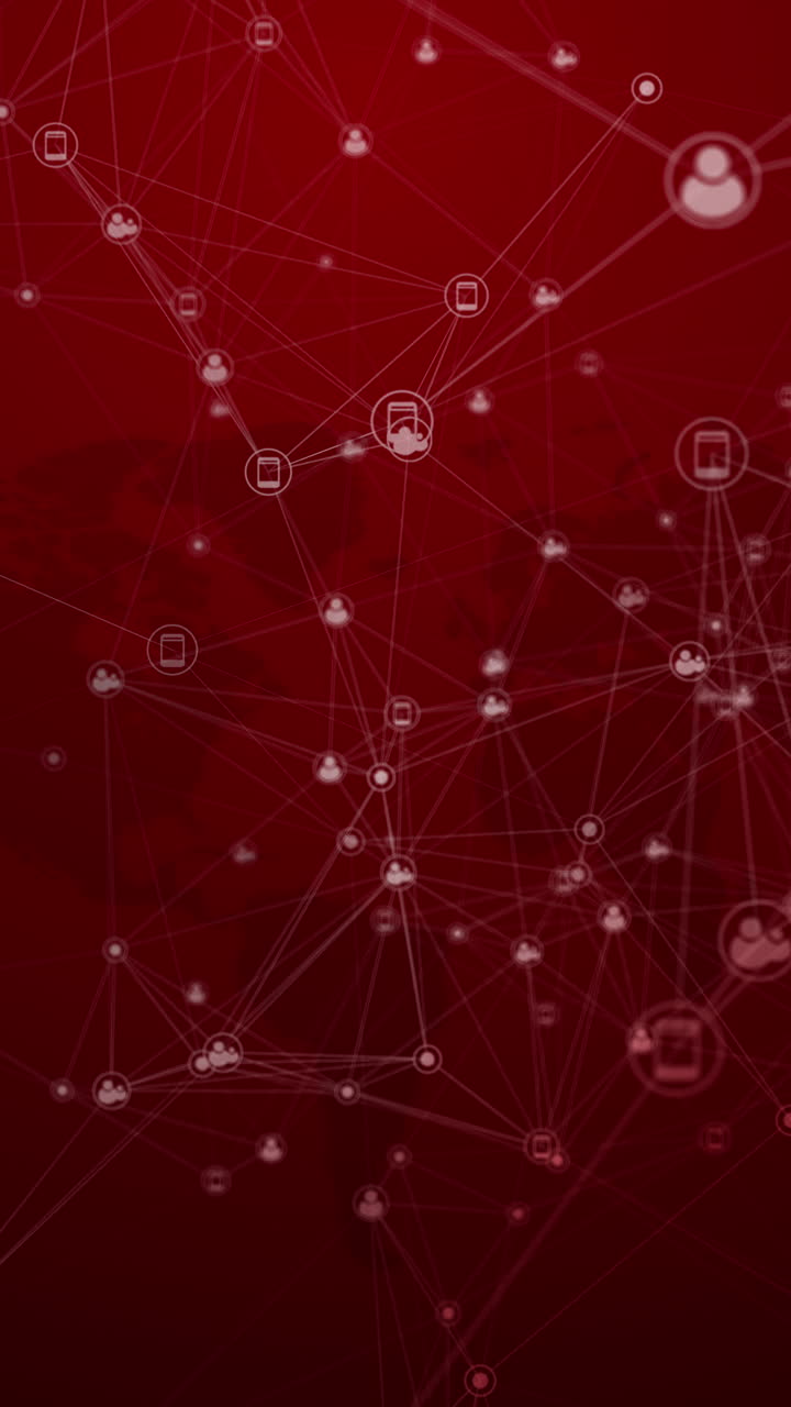 A grid of network user icons connected by lines on a red background. Cloud computing and global network connections concept design. Abstract loop animated infographic. Vertical video.