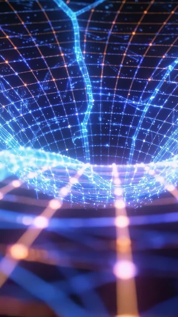 Vertical video: Descending filament causing glowing mesh funnel forming in dark 3D space with nodes