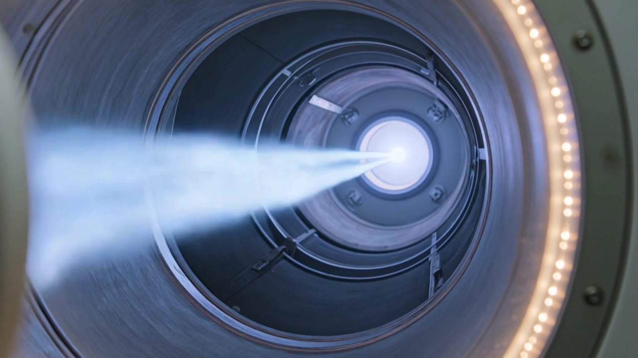 Sonda propulsore al plasma che si accende, emettendo un pennacchio blu focalizzato in una camera di laboratorio, con bordo a LED, per la sperimentazione