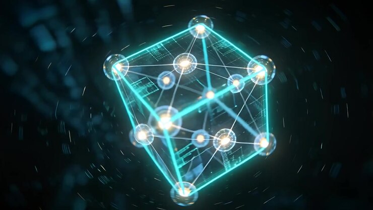 Emerging cyan wireframe cube rotating in dark tech space, pulsing nodes and showcasing circuitry