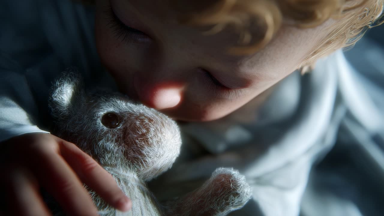 A tender moment captured between a child and their beloved teddy bear, showcasing the innocence of youth, warmth of comfort, and the emotional bond shared in gentle repose