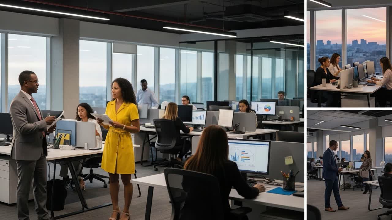 Dynamic Workplace Interaction: Two Colleagues Engage in Discussion Around Their Desks Amidst a Modern Office Setup, Showcasing Collaboration and Professionalism