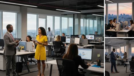 dynamic workplace interaction: two colleagues engage in discussion around their desks amidst a modern office setup, showcasing collaboration and professionalism