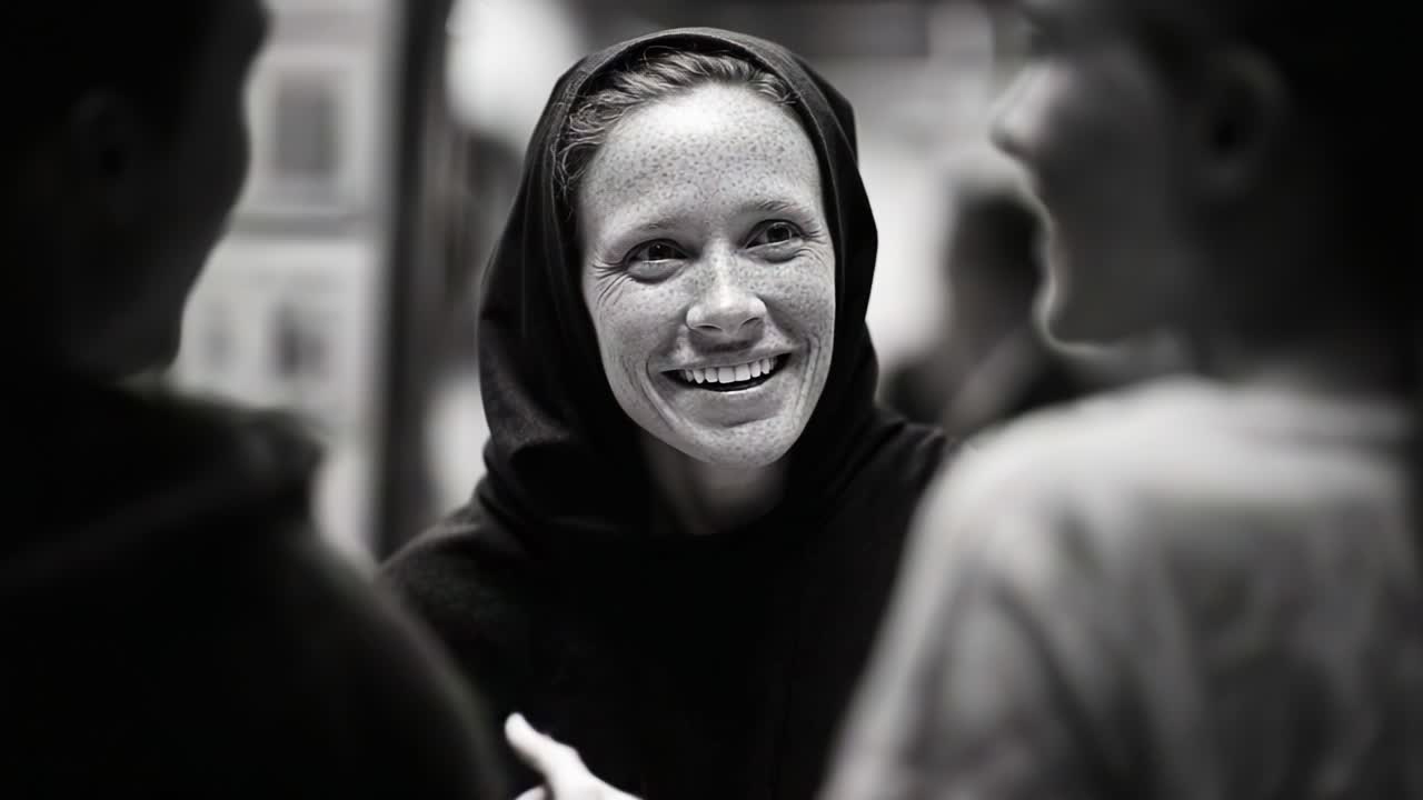 Captivating Moments: A Woman in a Dark Hood Smiles with Joy While Engaging in Meaningful Conversation with Friends, Highlighting Connection and Emotion in Everyday Life