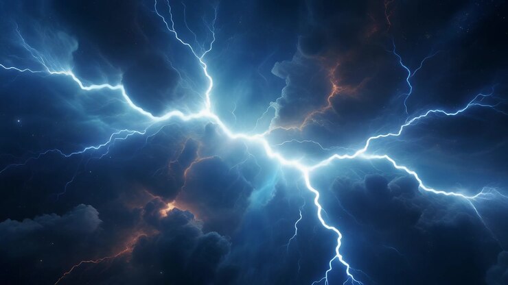 Fulmini intensi che colpiscono attraverso nuvole temporalesche scure