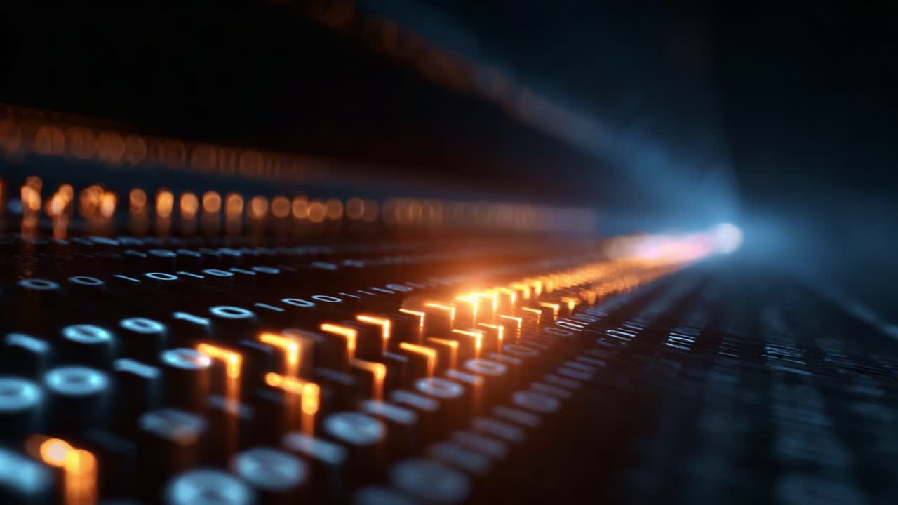 A Stunning Visual Representation of Data Transmission Through Binary Code and Light Patterns in a Digital Environment, Emphasizing Depth and Movement