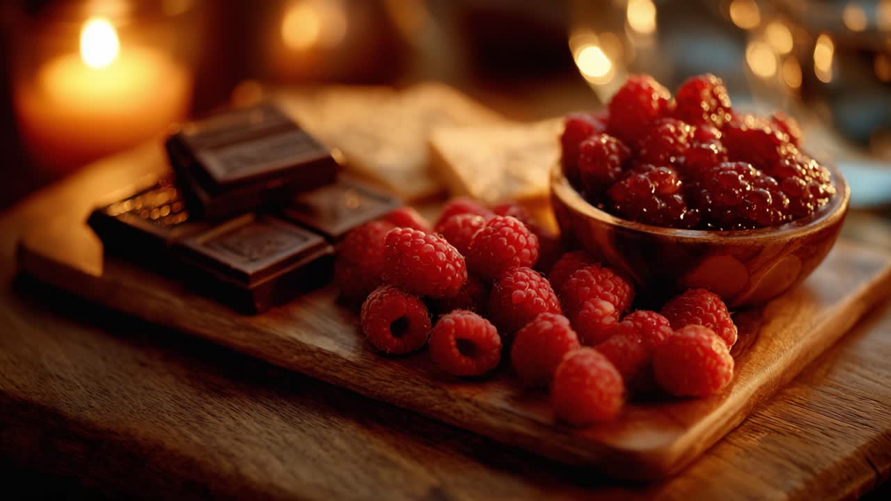 A Delectable Assembly of Fresh Raspberries, Rich Chocolate, and Sweet Jam on a Rustic Wooden Board, Perfect for Dessert Lovers and Culinary Enthusiasts