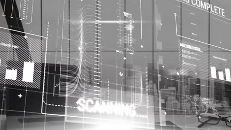 digital composite video of digital interface with data processing against empty office