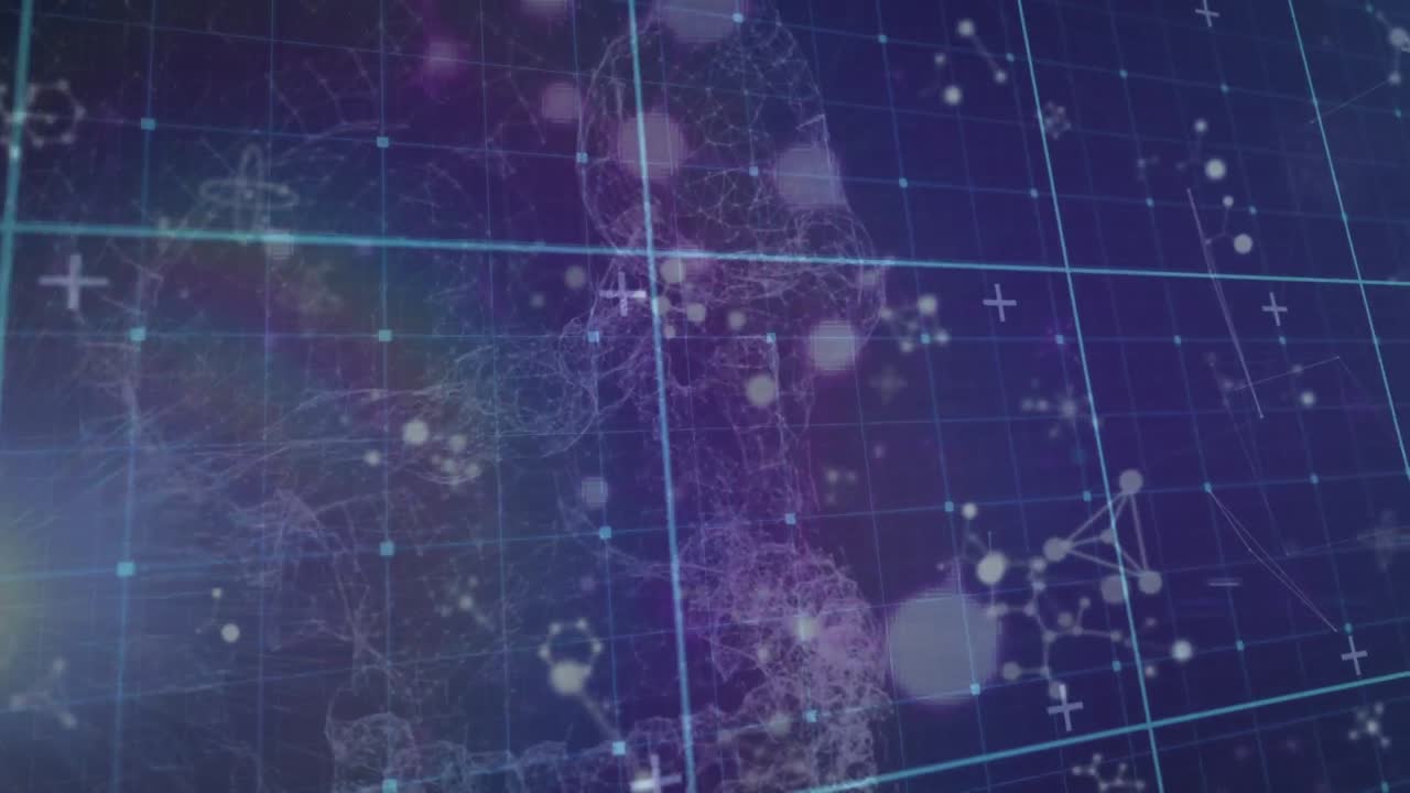 파란색 배경에 떠다니는 분자 구조 위의 그리드 네트워크의 애니메이션