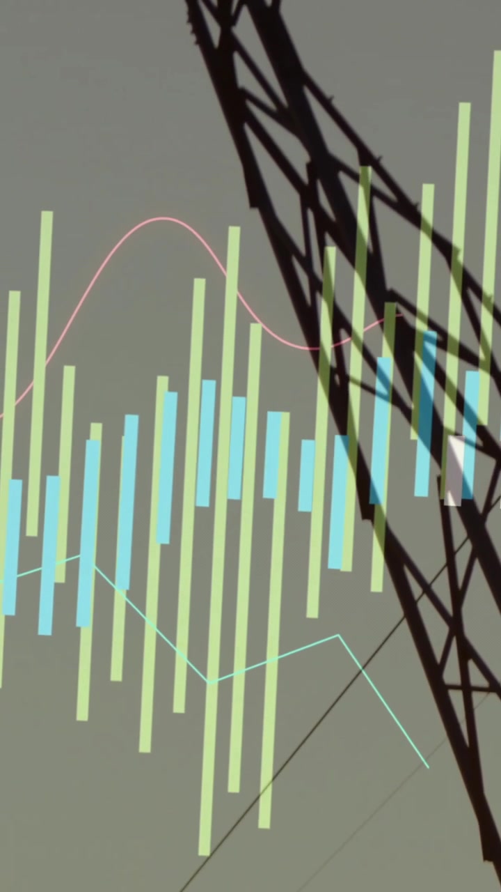 Financial data chart animation over silhouette of power transmission tower