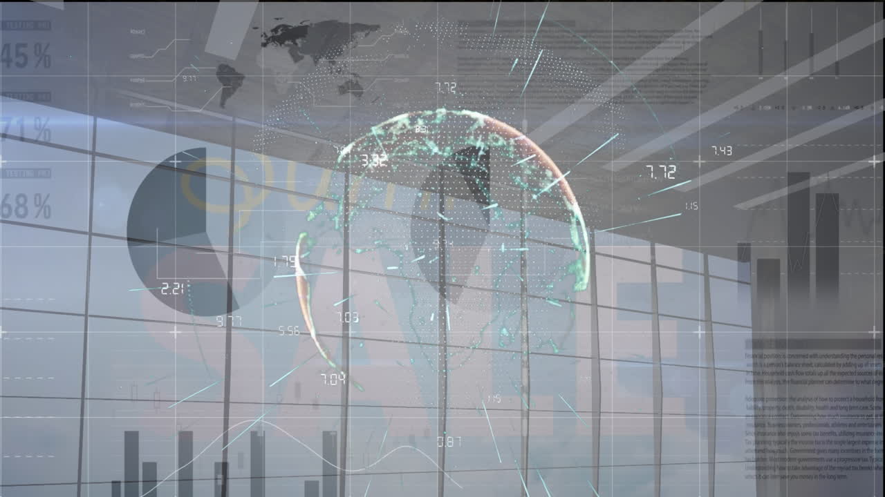 인포그래픽 인터페이스의 애니메이션, 숫자를 가진 지구, 사무실의 유리 창 위에 판매 텍스트