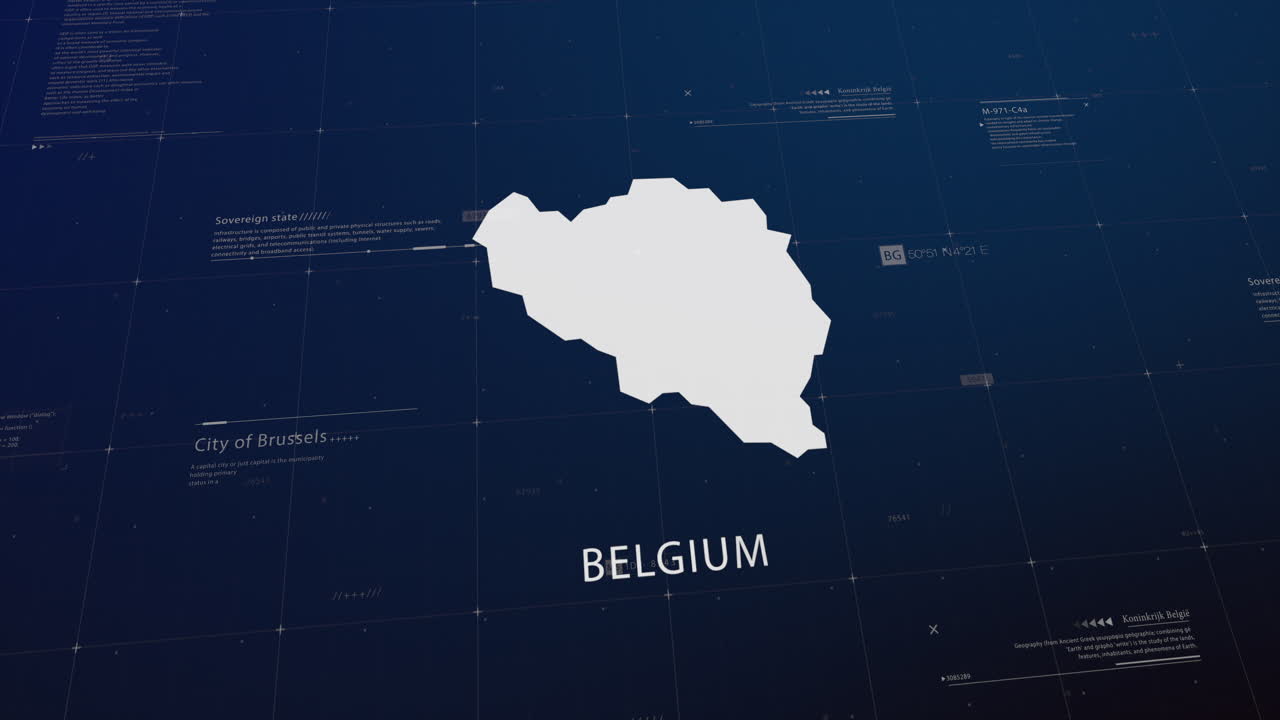 Belgium country map comes to life with cinematic panning, unveiling key details, the capital, and slogan, providing an engaging background for corporate and commercial use
