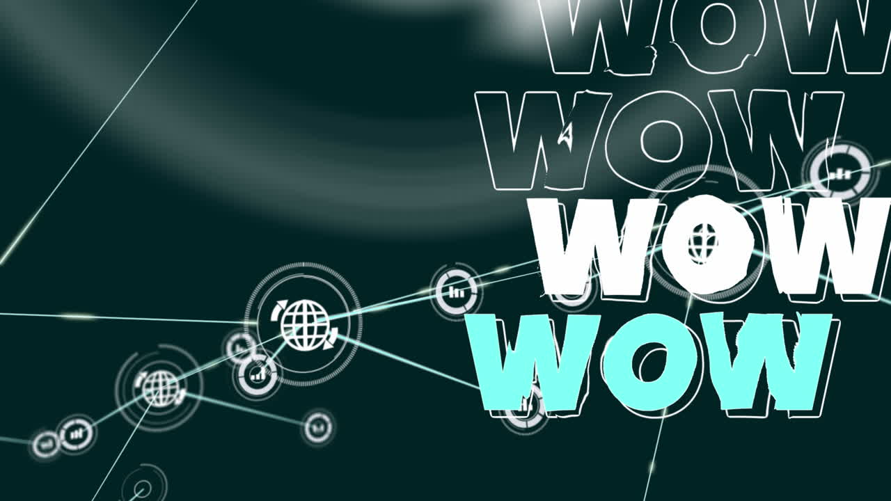 animación de una red de iconos digitales sobre un estandarte de texto wow contra un fondo verde