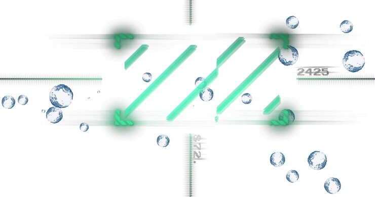 Reticolo che si forma su una griglia al neon con bolle che fluttuano e vorticano e visualizzano dati attraverso l'inquadratura.