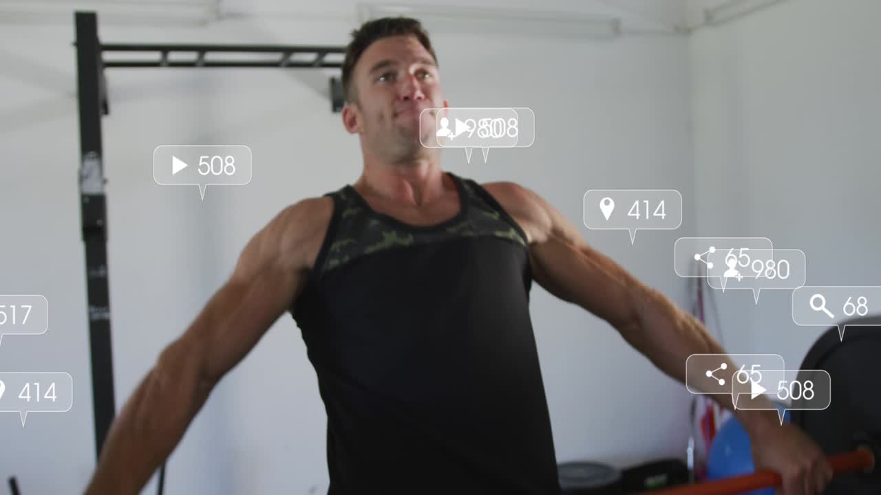 Male athlete bracing core, driving legs, powering red-bar lift, social icons rising for training