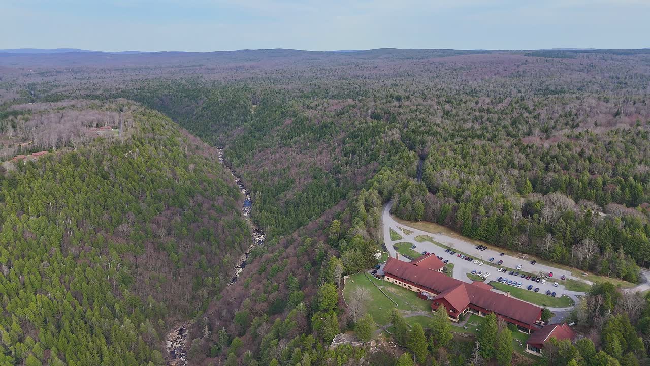 Aerial View of Smokehouse at Blackwater Falls State Park in Forested Canyon, West Virginia