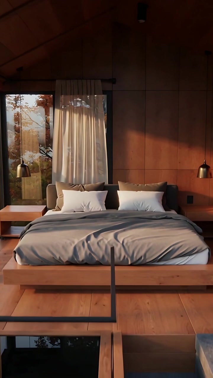 Vertical video: Pulling back camera revealing platform bed, reflecting pool in cabin, showing wood