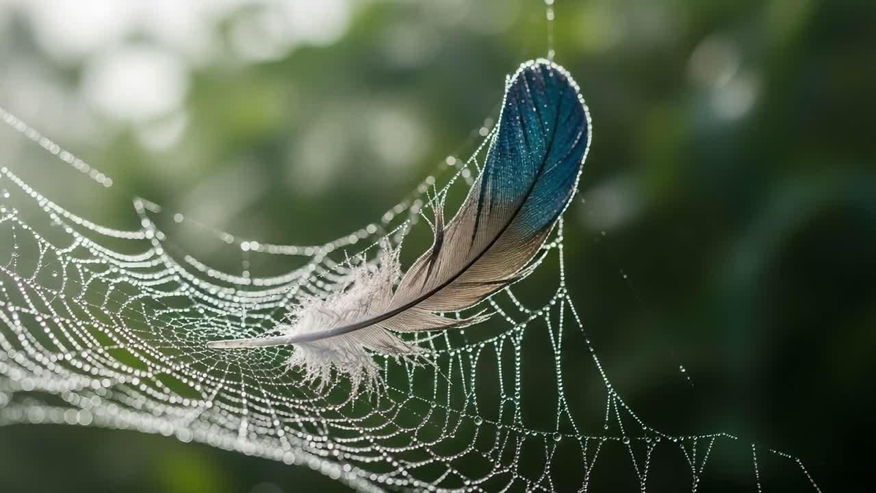 A Stunning Close-Up of a Feather Graced by Dewdrops, Suspended in a Delicate Spider Web, Highlighting Nature's Intricate Beauty and Fragility