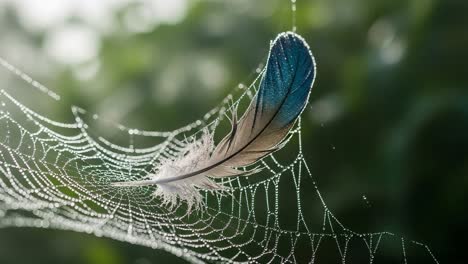 a stunning close-up of a feather graced by dewdrops, suspended in a delicate spider web, highlighting nature's intricate beauty and fragility