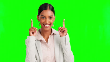 Happy-woman,-face-or-pointing-up-at-isolated-green