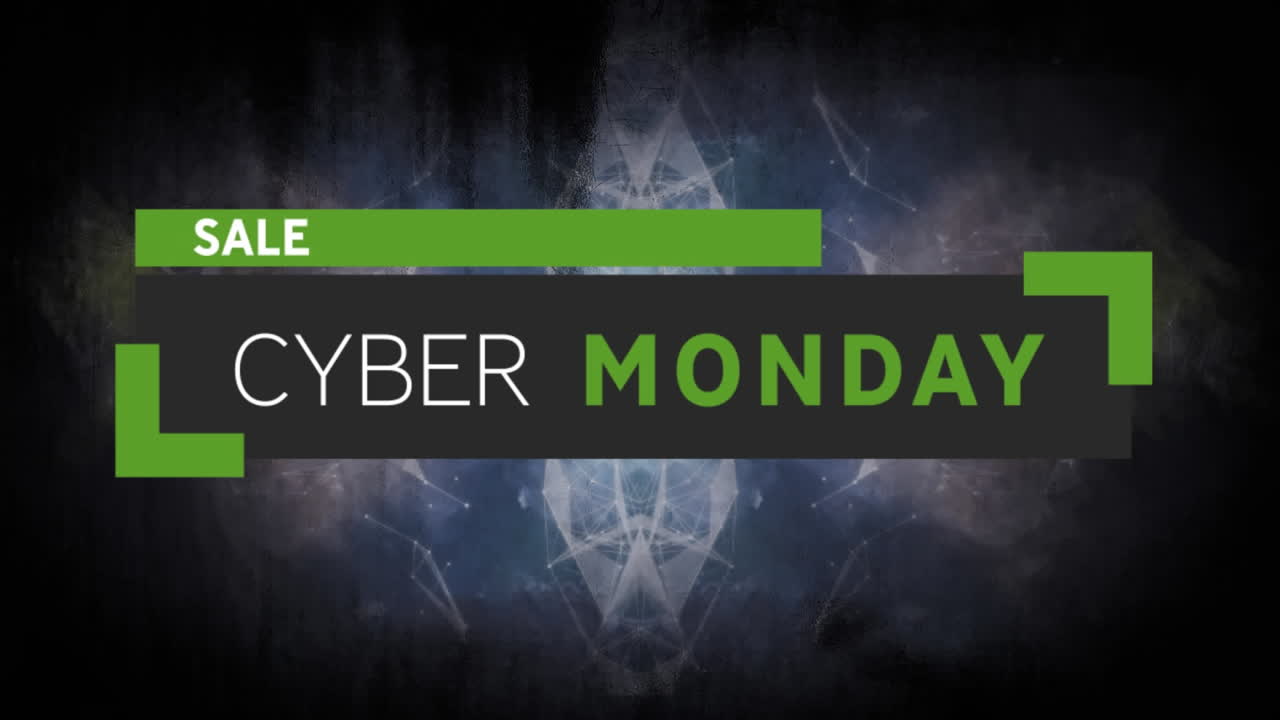 animación digital de la venta de cyber monday banner de texto contra el patrón caleidoscópico en fondo azul