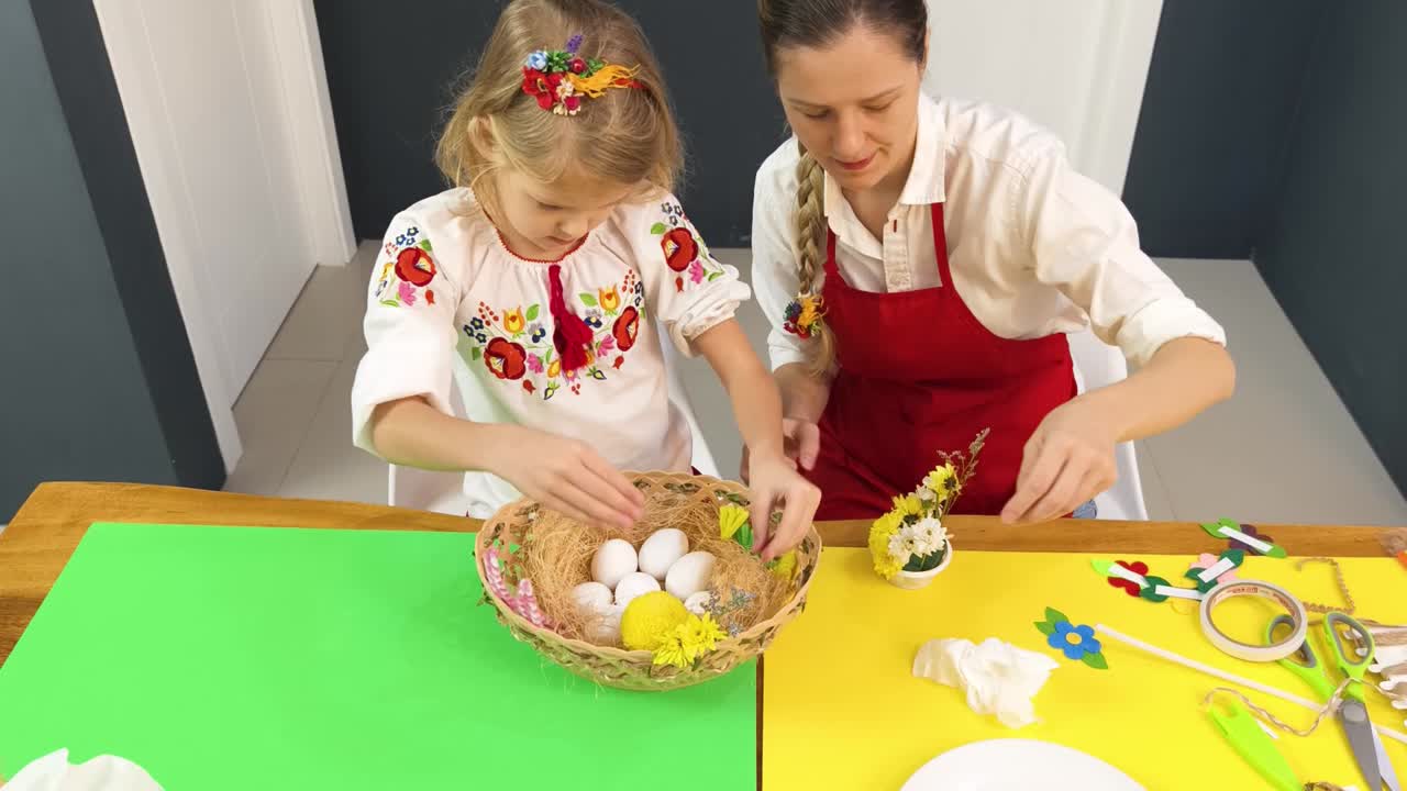 Mother and Daughter Decorate Easter Eggs and Baskets