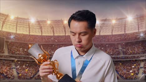 cerca de un hombre asiático molesto con una medalla de oro mirando el trofeo luego sacudiendo la cabeza siendo insatisfecho ganando como el primer ganador en el estadio
