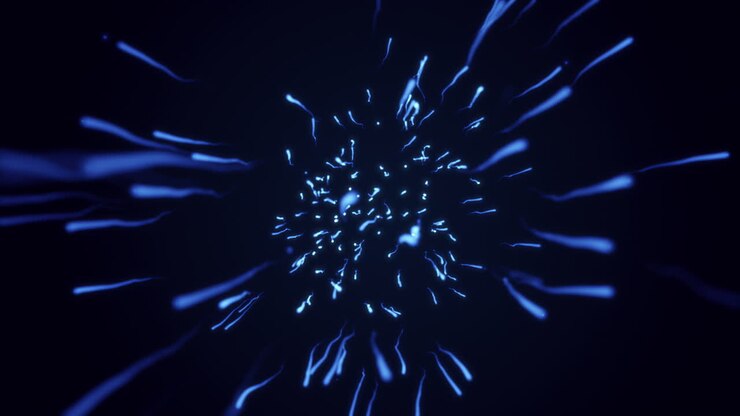 Particles in the form of sperm fly on a blue background. Looped